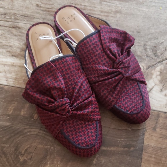 NEW Mules Preppy Bow Red Maroon Shoes Plaid Trendy - Picture 4 of 8